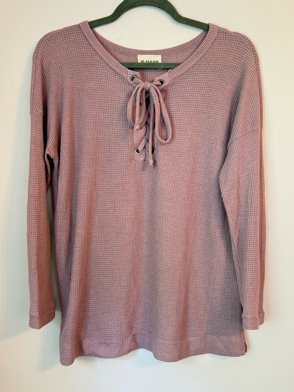 El Bloom Waffle Knit Top Blush Pink Long Sleeve Shirt  Made in USA
